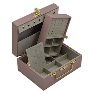 Maleta para joias Dupla Pequena 20 x 15,5 x 9 cm com dobradiça - Rose com Suede Areia