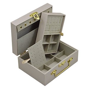 Maleta para joias Dupla Pequena 20 x 15,5 x 9 cm com dobradiça - OFF WHITE com Suede Areia