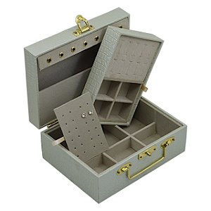 Maleta para joias Dupla Pequena 20 x 15,5 x 9 cm com dobradiça - Verde Água CROCO com Suede Areia