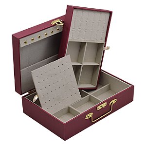 Maleta para joias Dupla Média 30 x 20 x 9 cm com dobradiça - Marsala com Suede Areia