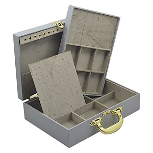 Maleta para joias Dupla Grande 35 x 25 x 10 cm com dobradiça - Cinza com Suede Areia