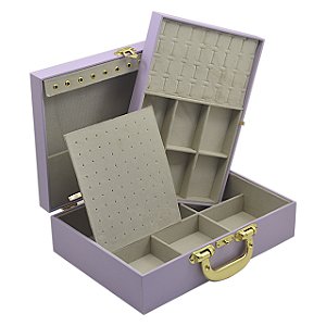 Maleta para joias Dupla Grande 35 x 25 x 10 cm com dobradiça - Lilás com Suede Areia