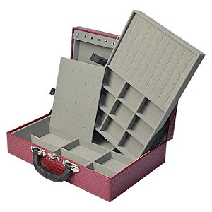 Maleta de Joias Dupla Grande 35 x 24 x 9,5 cm - Com Espelho Dijon Vinho com Cinza