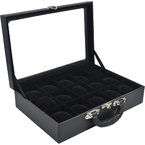 Maleta Estojo para 15 Relógios com Visor de Vidro em Corino Preto e Interior em Veludo