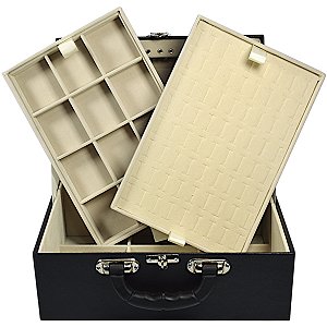 Maleta para Joias Tripla Grande 32 x 22 x 13,5 cm - Corino Preto com veludo Off-white