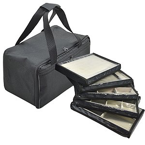 Bolsa Com 5 Bandejas, Quadriculada, Corrente e Anel Corino Preto com veludo Off-White