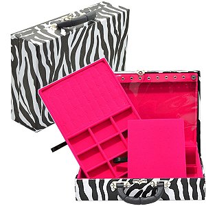 Maleta de Joias Dupla Grande 35 x 23,5 x 9,5 cm - Com Espelho Zebra com Pink
