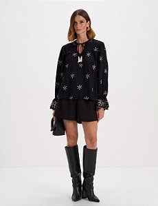 Bata bordado floral preto