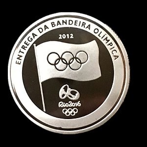 Moeda Medalha Entrega Bandeira Olimpíadas Banhada Prata 40mm na Capsula