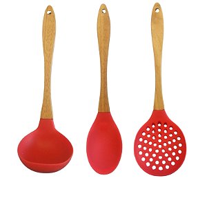 Kit Utensilios de Silicone com Cabo de Madeira - Resistente Altas Temperaturas Talheres Escumadeira Concha Colher