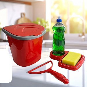 Kit Lixeira Rodinho Porta Detergente De Pia Cozinha Keita