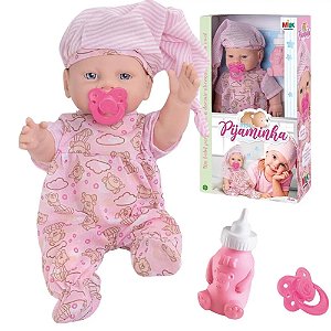 Boneca Bebê Com Pijaminha Mamadeira Chupeta Fofinha Hora De Dormir Milk Brinquedos