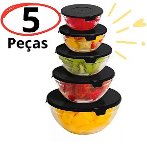 Kit de Potes Tigela de Vidro com Tampa 5 Peças Jogo Potes Vasilha