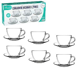 Jogo Xicaras 90Ml De Vidro Cha Com Pires 12Un - Classic Xicaras de Café Chá Mesa Posta Cozinha Casamento - PANAMI