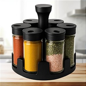 Porta Temperos Giratório 360° com 6 Potes de Vidro Premium de Vidro 85ml Tampa Dosadora Preta Belovidro