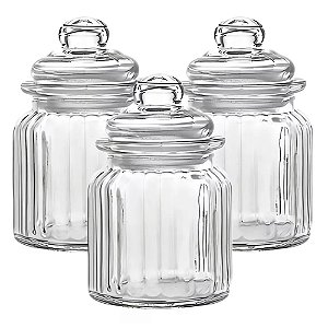 Kit 03 Pote de Vidro 280ml Hermetico Redondo Liso Jogo 3 Potes Temperos Balas em Vidro Tampa Hermética