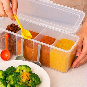 Porta Tempreos Condimento de Plastico Com 04 Divisorias + 04 Colheres - Tempero Oregano Salsa Tomilho
