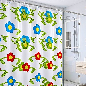 Cortina de Box Vinil FLORES com 12 Ganchos -1,80m x 1,80m - O Toque de Renovação que Seu Banheiro Merece - PANAMI