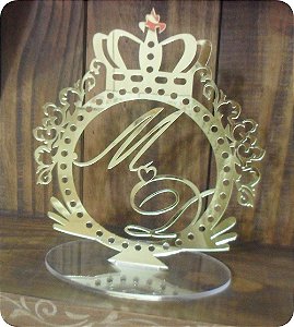 Topo De Bolo de casamento brasão coroa acrilico espelhado dourado