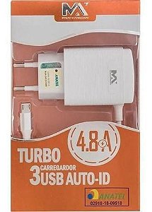 Carregador de Parede Turbo 4.8A C/3 USB IPhone 6 MAX-CAR91
