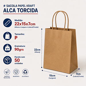 Sacola Papel Kraft Alca Torcida 90grs 22x15x7 (P) c/50 Unidades