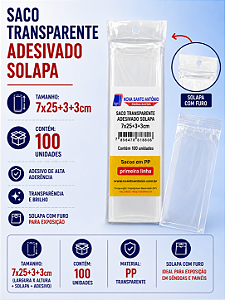 Saco Transparente Adesivado Solapa 7x25+3+3cm c/100 Unidades