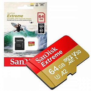 Cartão MicroSD A2 64Gb Sandisk Extreme 160mb/s 60w com Adaptador para câmeras GoPro, DJi OSMO Action Cam, SJCam e similares