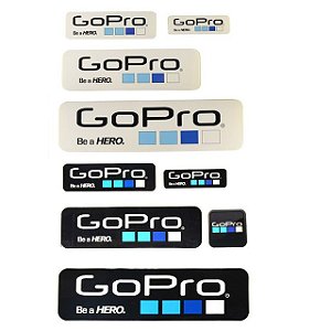 Cartela com 09 Adesivos de tamanhos diversos nas cores preta e branca e com Logotipo GOPRO