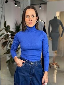 Blusa Feminina Ribana Canelada Gola Alta Dupla Liz Azul Bic