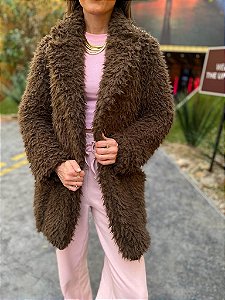 Maxi Casaco Feminino Faux-Fur Teddy Marrom