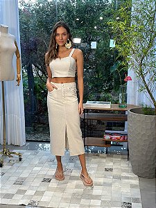 Top Cropped Feminino Alfaiataria Amarração Linho Misto Natural