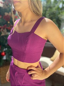 Top Cropped Feminino Alfaiataria Recortes Com Botões Ametista