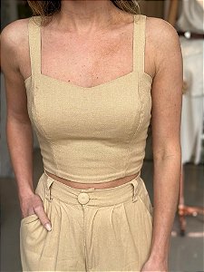 Top Cropped Feminino Alfaiataria Recortes Com Botões Camel