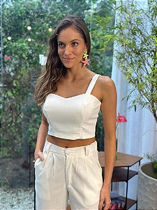 Top Cropped Feminino Alfaiataria Recortes Com Botões Off-White