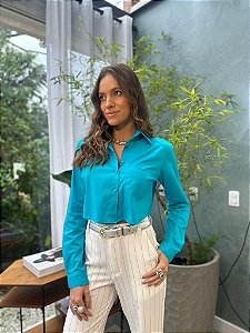 Camisa Cropped Feminina Tricoline Bolso Turquesa