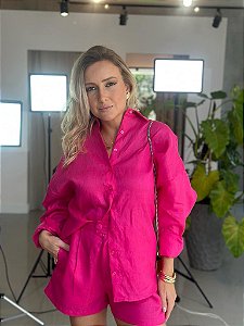 Camisa Feminina Oversized Linho 100% Rosa Choque