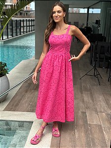 Vestido Feminino Midi Laise Bordada Alça Kate Rosa Choque