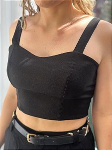 Top Cropped Feminino Alfaiataria Recortes Com Botões Preto