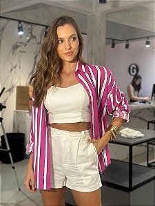Camisa Feminina Oversized Tricoline Listrada Rosa, Azul e Branco