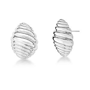 Brinco Oval Trabalhado Croissant Banhado A Ródio