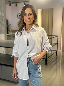 Camisa Feminina Oversized Algodão Maq 200 Fios Listrada Branca