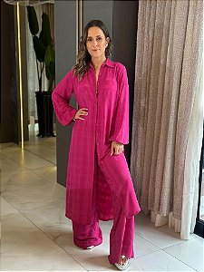 Camisa Feminina Longa Viscose Jacquard Aurea Fúcsia