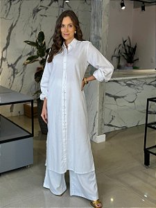 Camisa Feminina Longa Linho Misto Aurea Branco