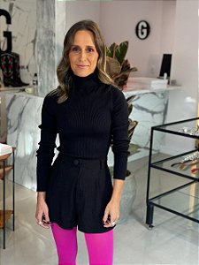 Blusa Feminina Tricô Canelado Gola Alta Preto