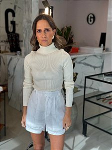 Blusa Feminina Tricô Canelado Gola Alta Pérola