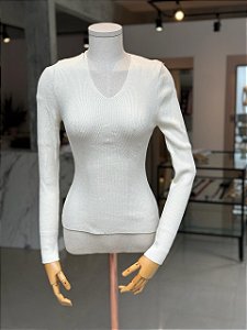 Blusa Feminina Tricô Canelado Decote V Pérola