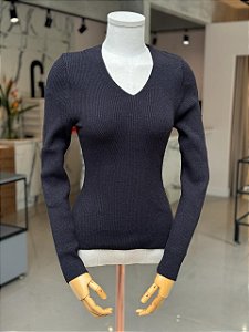 Blusa Feminina Tricô Canelado Decote V Preto