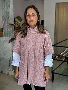 Colete Poncho Feminino Tricô Gola Alta Rose