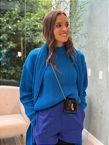 Blusa Feminina Tricô Desagulhado Gola Alta Azul Bic