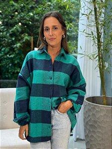 Camisa Feminina Oversized Xadrez Safir Verde e Marinho